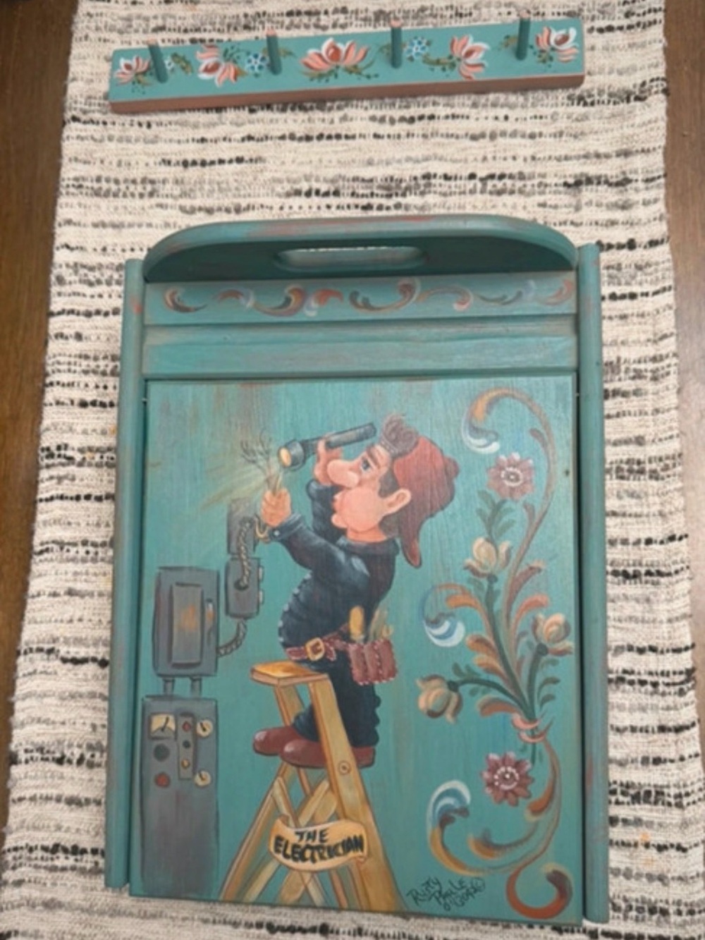 Vintage Teal Hand-Painted Wall Organizer with Floral Accents